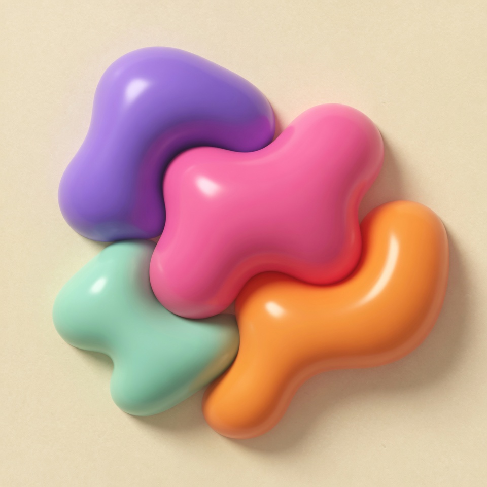 Abstract glossy gradient blobs in violet, pink, tangerine and mint