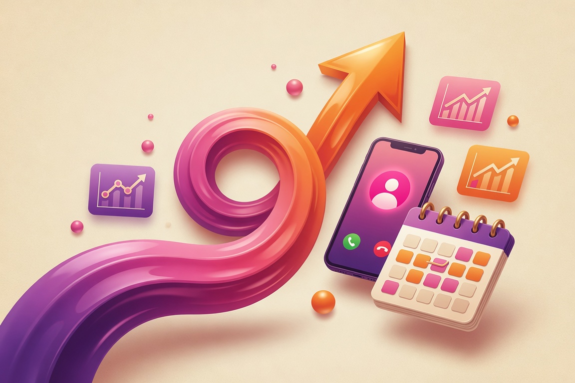 Vibrant illustration of business growth, a ringing phone and a calendar full of booked appointments