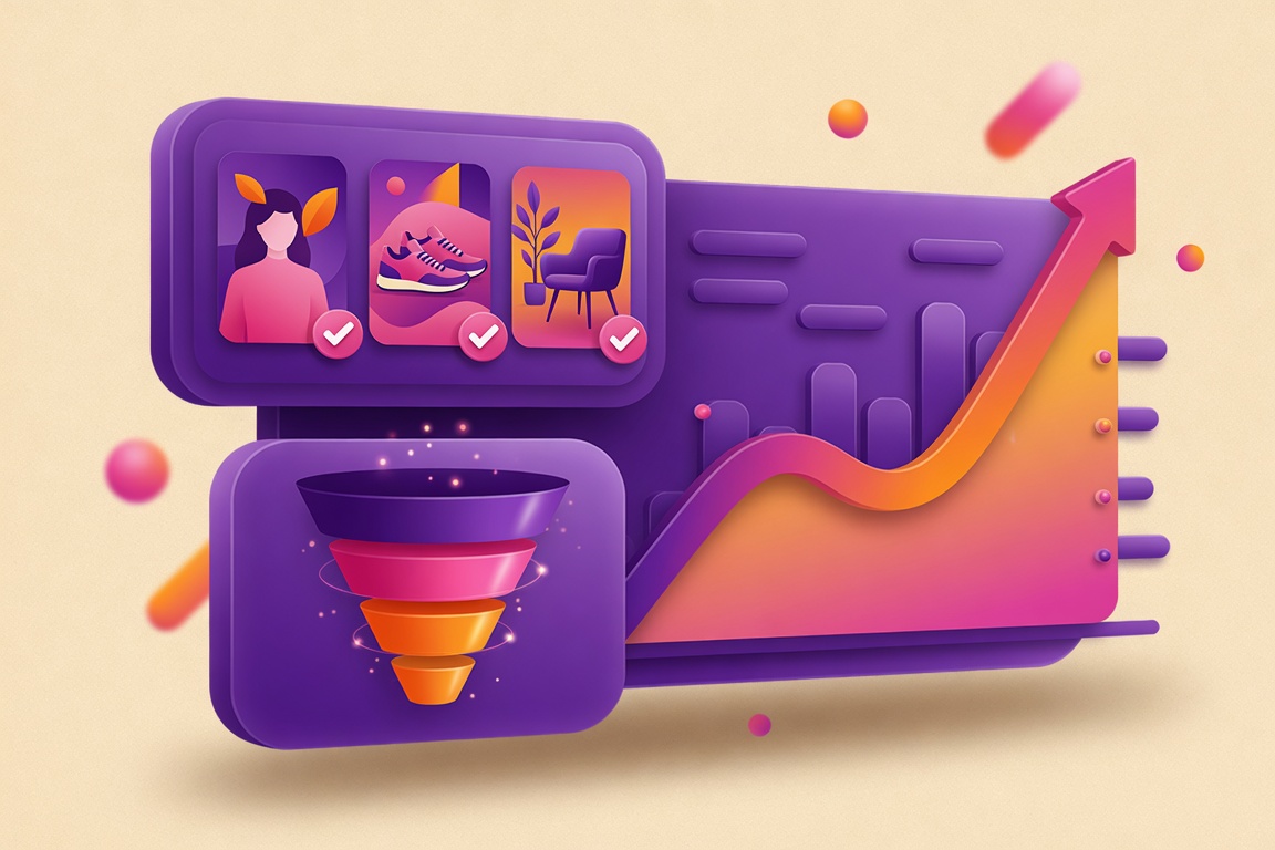 Advertising campaign dashboard with ad creatives, a conversion funnel and a rising performance graph