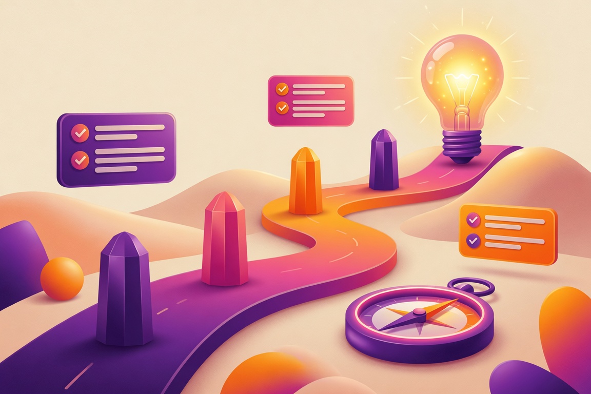 Marketing strategy roadmap with milestones, a glowing idea lightbulb and a compass