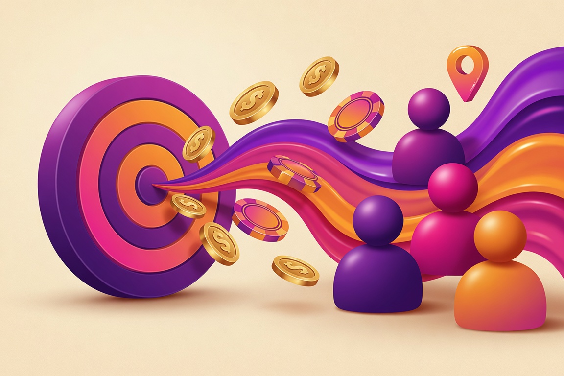 Media buying illustration: a target, coins and budget flowing toward the right local audience